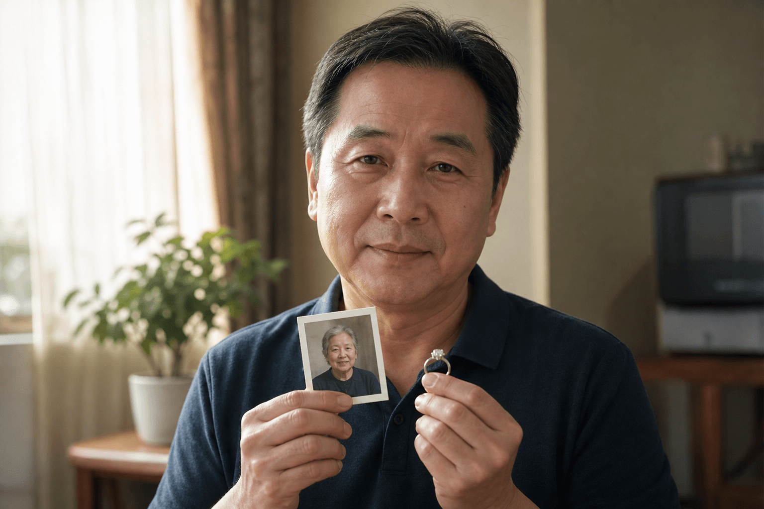客户手持亲人照片，纪念生命钻石